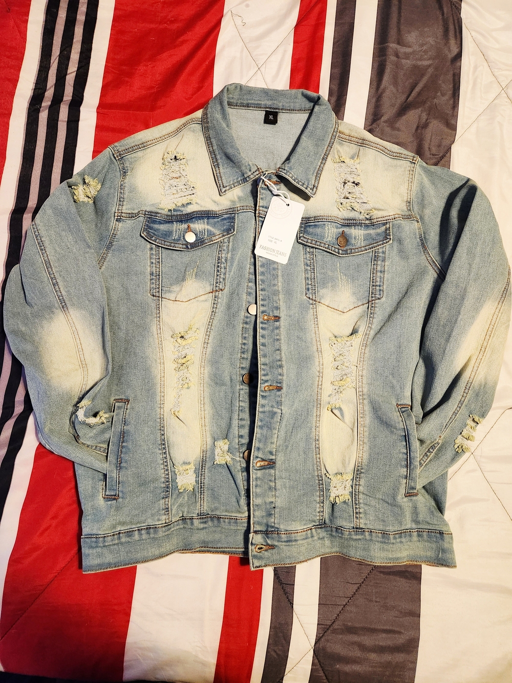 Light Wash Distressed Denim Jacket - Blue